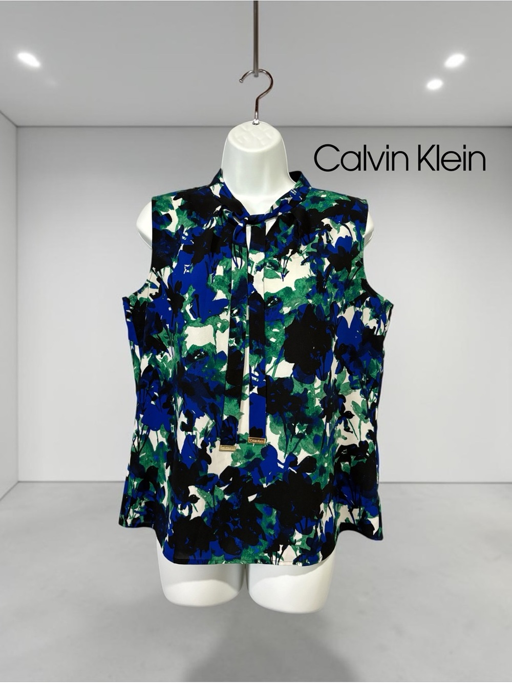 Calvin Klein, Floral Tie-Neck Sleeveless Blouse, Size M, Blue Green Black